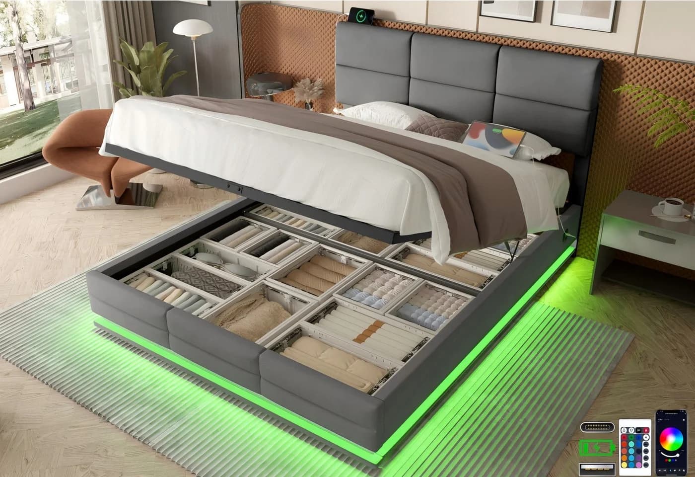 LVHOM Polsterbett Grau mit LED, USB und Bettkasten - Bild 2