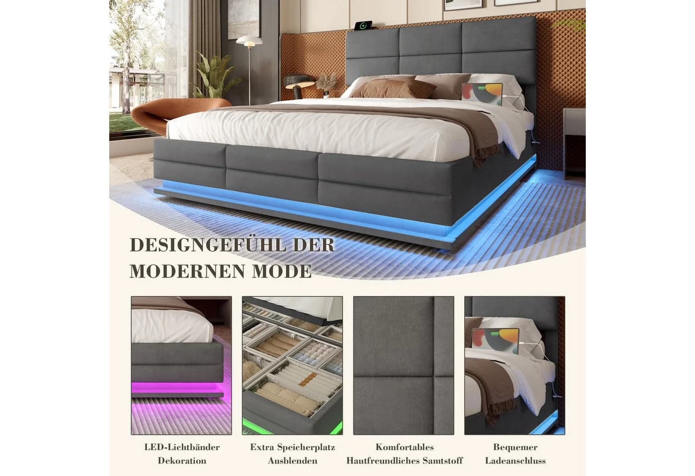 LVHOM Boxbett 160x200 cm mit LED, USB, Typ C-Ladeanschluss, Bettkasten - Bild 4