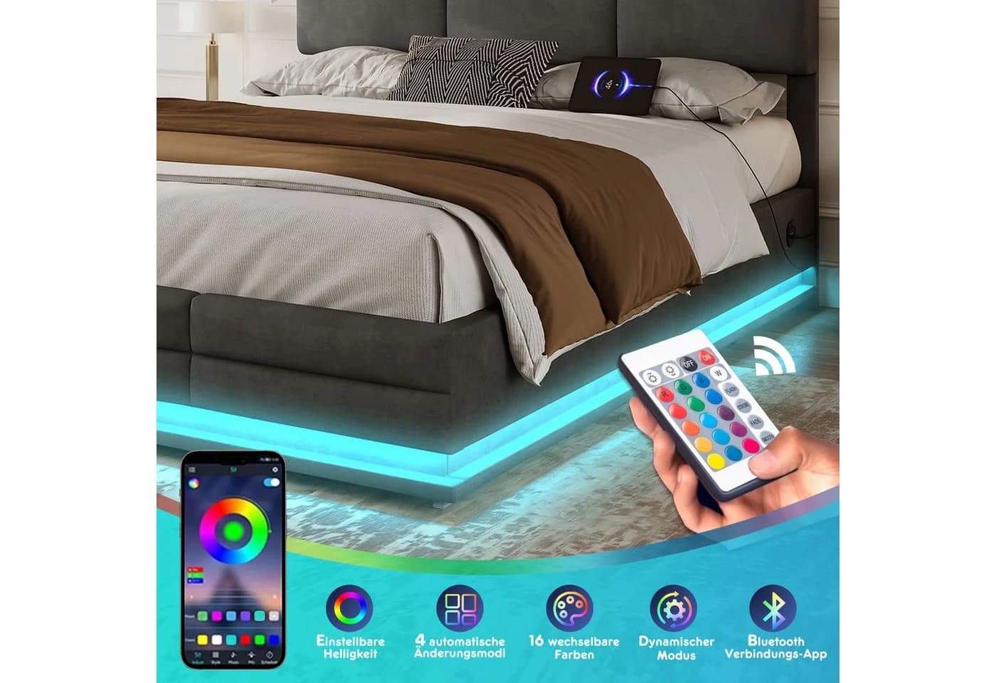 LVHOM Boxbett 160x200 cm mit LED, USB, Typ C-Ladeanschluss, Bettkasten - Bild 5