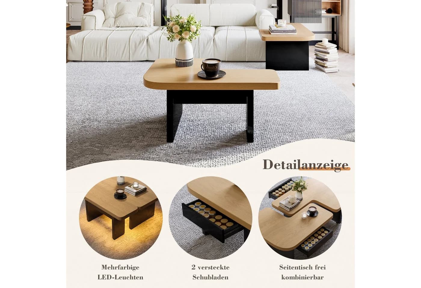 LVHOM Modularer Couchtisch 2-in-1 mit LED Beleuchtung - Bild 5