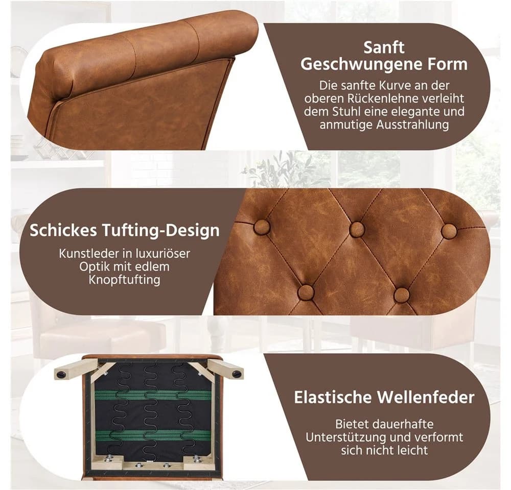 Yaheetech Esszimmerstuhl mit Hoher Rückenlehne 2er Set Retro Braun Kunstleder - Bild 5