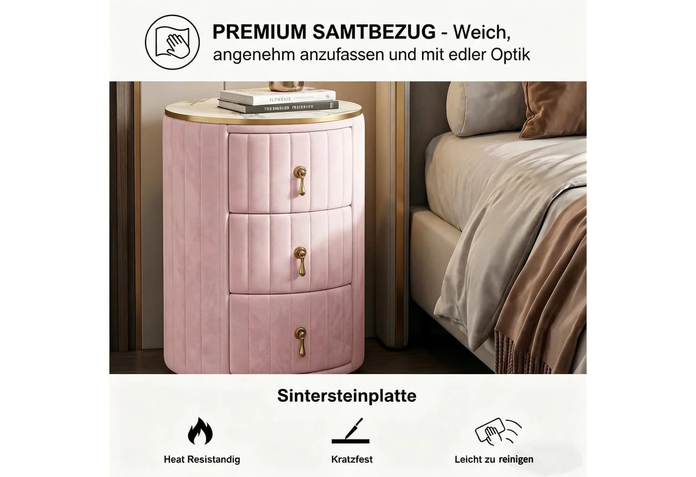 i@home Nachttisch Rosa Samt Marmor-Optik 3 Schubladen - Bild 5