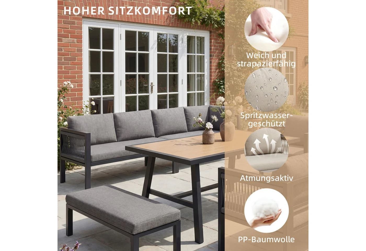 i@home Gartenlounge-Set 5-tlg. Grau Beige Seilgeflecht wetterfest - Bild 5