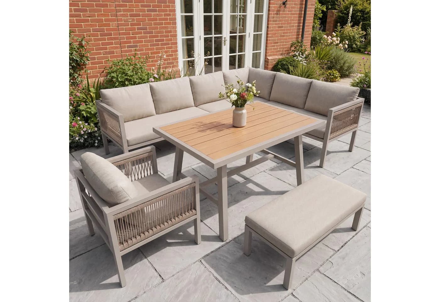 i@home Gartenlounge-Set 5-tlg. Beige/Grau wetterfestes Stahlgestell