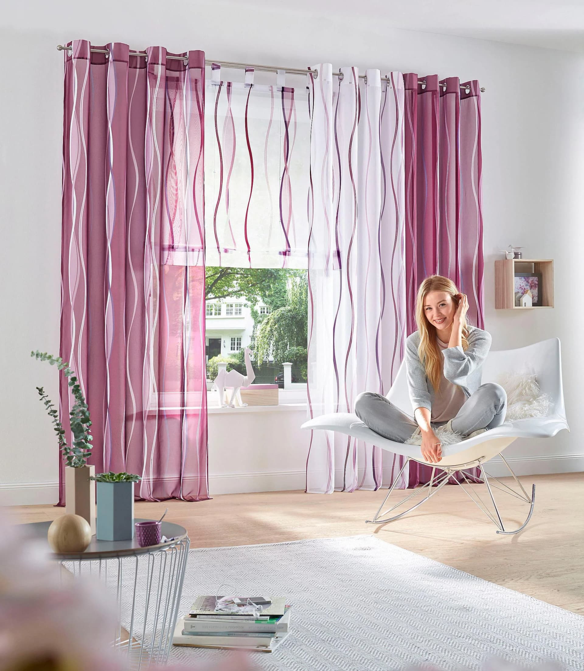 Gardine MY HOME Dimona 2er-Set Wellenmuster Weiß/Beere