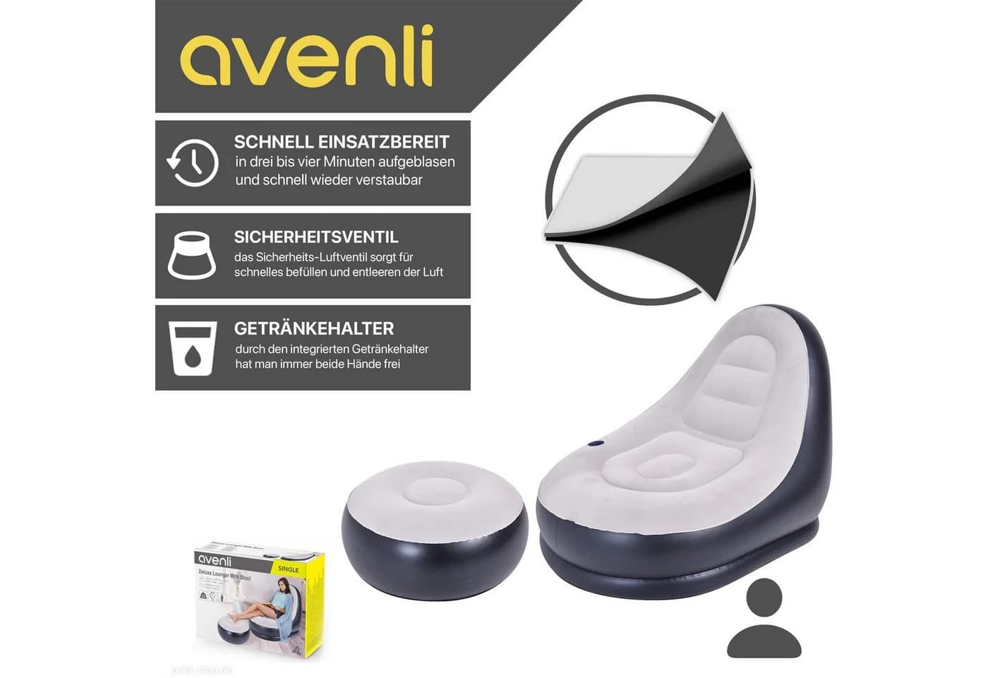 Avenli Luftsessel Aufblasbarer Sessel mit Hocker, 125x100x85 cm - Bild 4