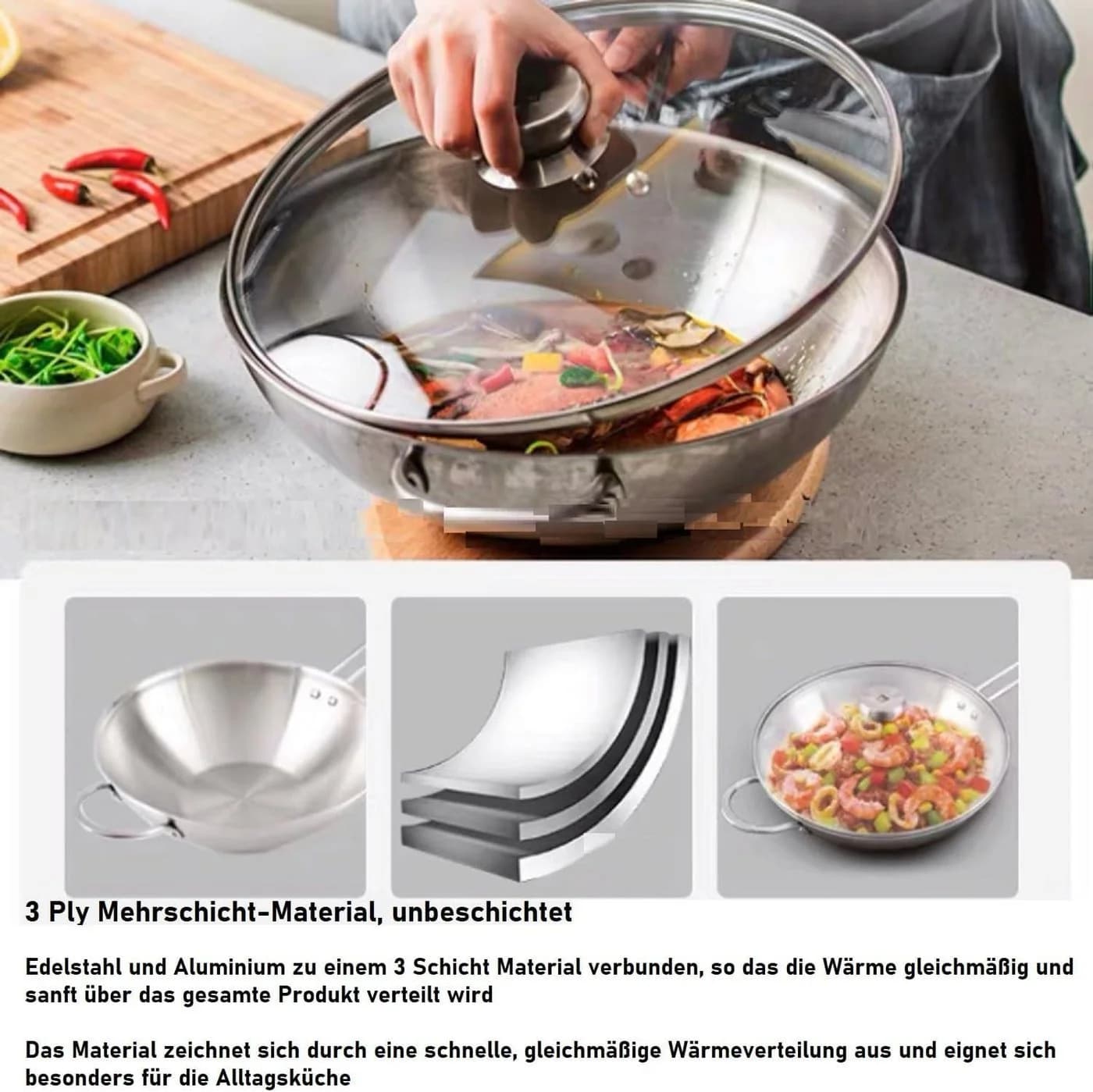 Zwilling TwinNova III Wokpfanne 30 cm Edelstahl mit Glasdeckel