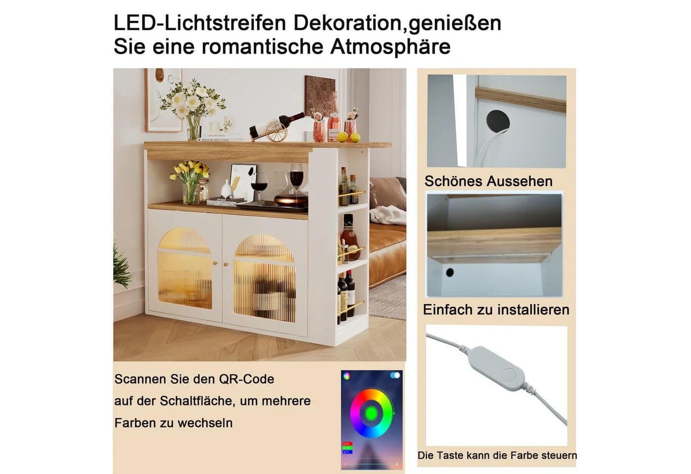 i@home Bartisch Weiß Ausziehbar mit LED Licht und Stauraum