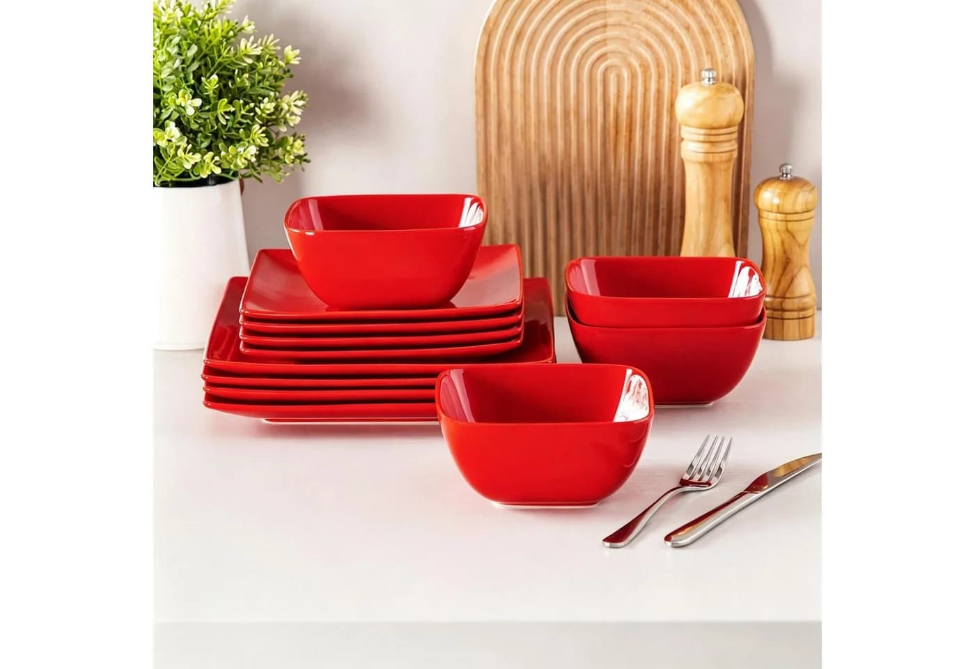 vancasso Geschirr-Set 12-tlg. Steingut Weiß/Rot Rechteckig Modern - Bild 4