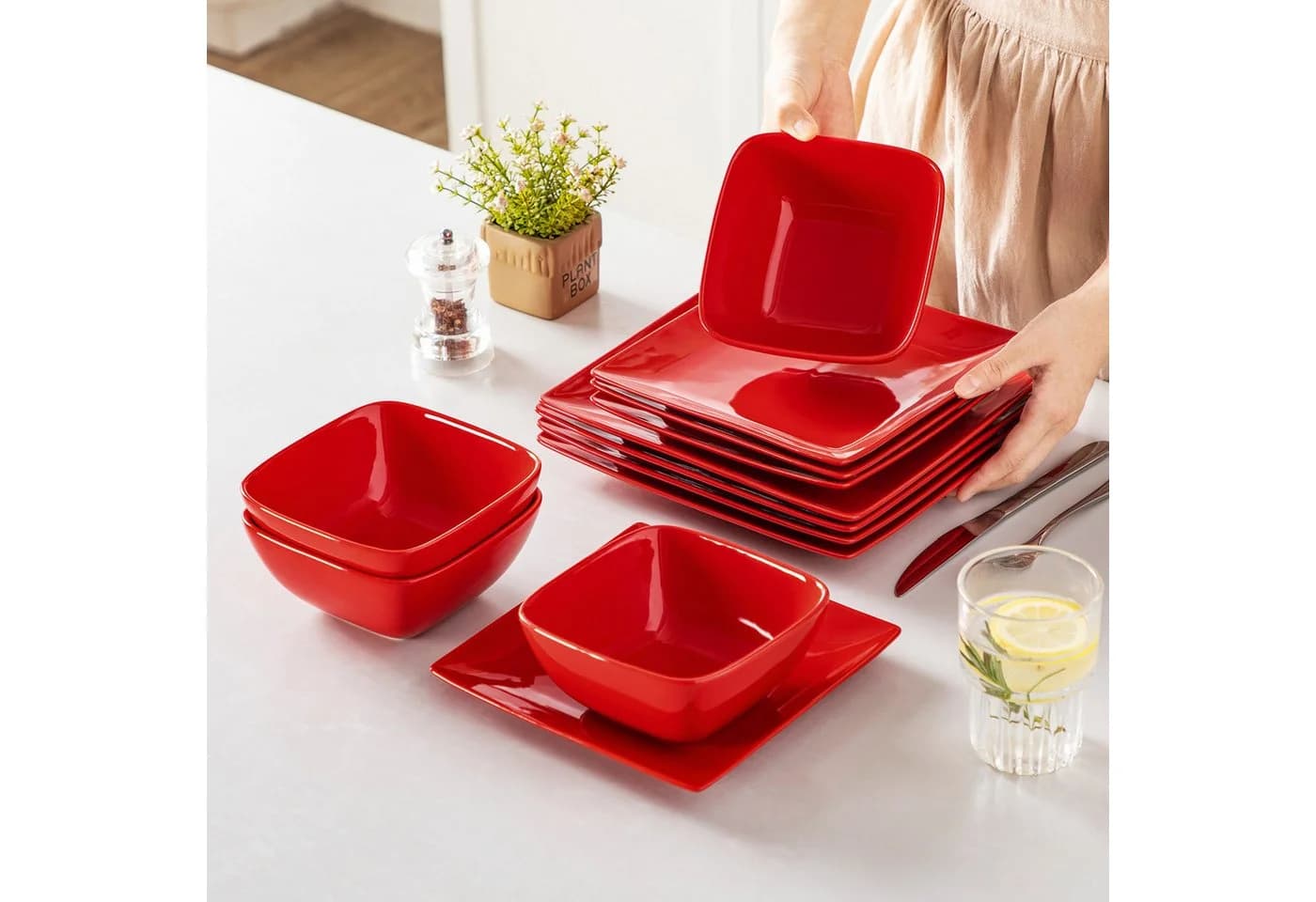 vancasso Geschirr-Set 12-tlg. Steingut Weiß/Rot Rechteckig Modern - Bild 5