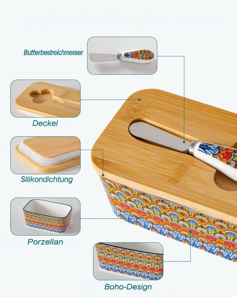 vancasso Butterdose Porzellan Boho-Stil mit Deckel und Messer - Bild 5