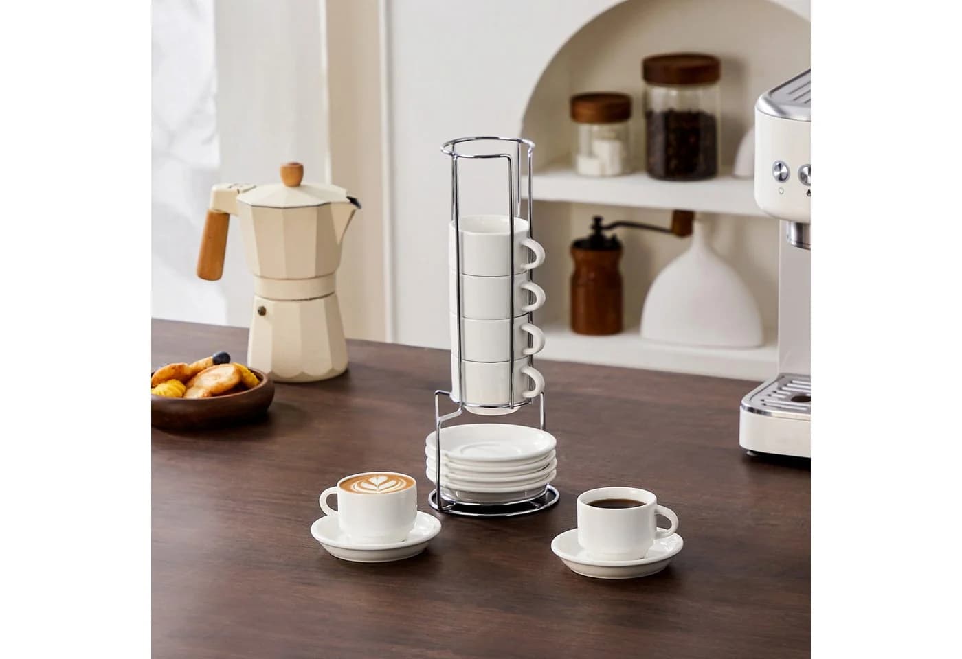 MALACASA Kaffeeservice 6-tlg. Weiß/Schwarz Marmor mit Metallständer