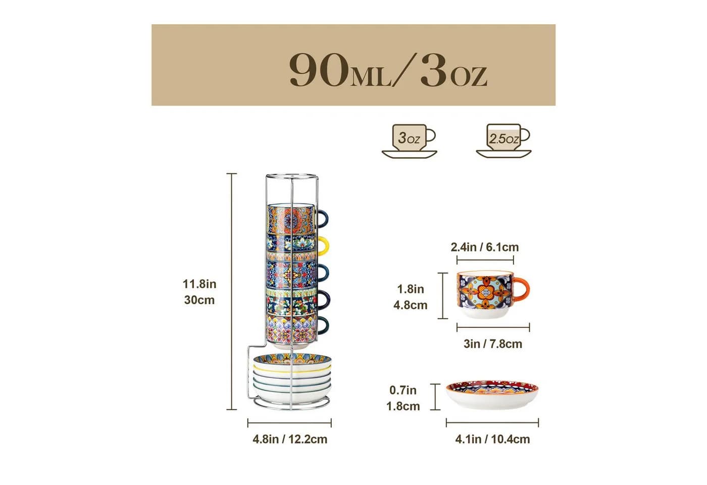 vancasso Kaffeeservice 6tlg. Bunt Boho-Stil Porzellan mit Metallständer