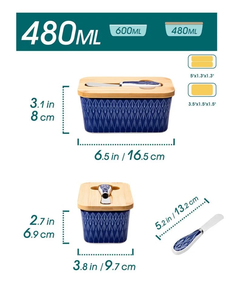 vancasso Butterdose Porzellan Blau/Weiß Rautenmuster mit Deckel & Messer