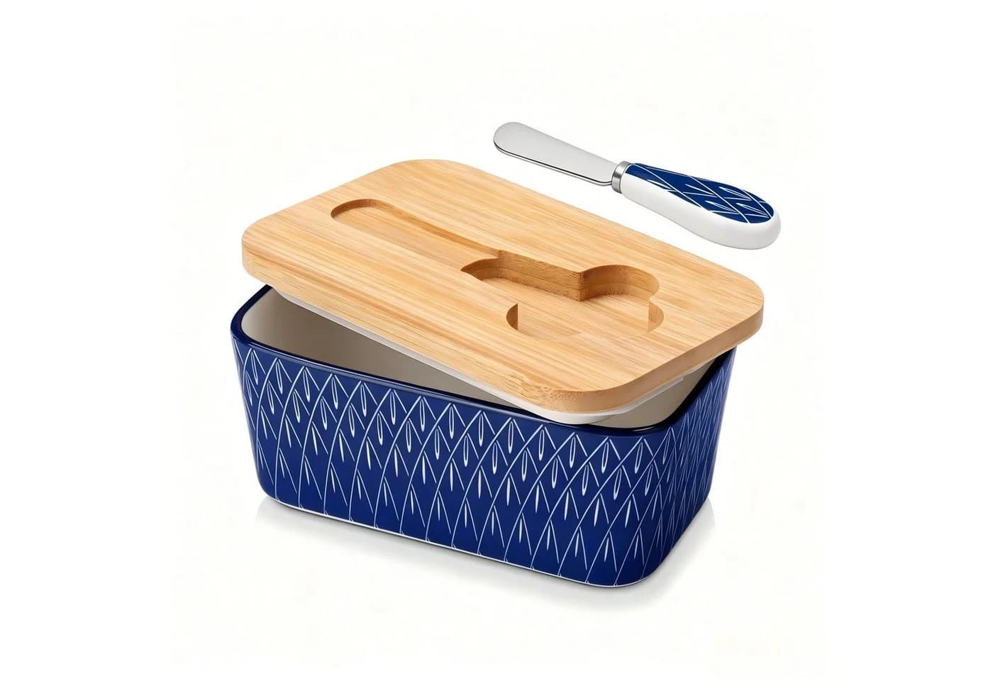 vancasso Butterdose Porzellan Blau/Weiß Rautenmuster mit Deckel & Messer - Bild 2