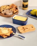 vancasso Butterdose Porzellan Blau/Weiß Rautenmuster mit Deckel & Messer Bild 3