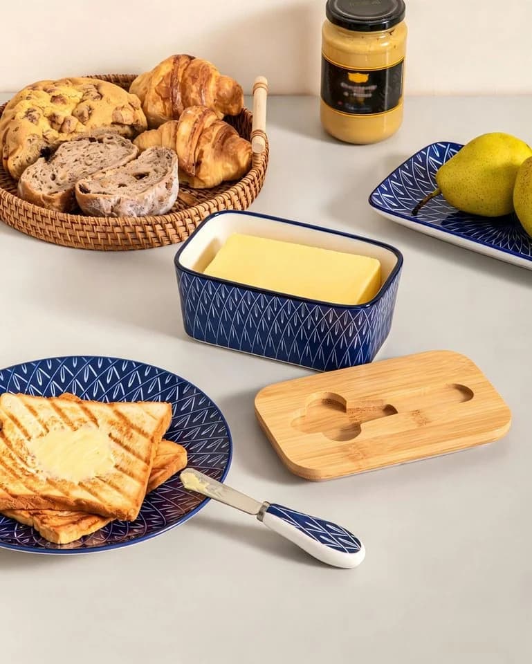 vancasso Butterdose Porzellan Blau/Weiß Rautenmuster mit Deckel & Messer - Bild 3