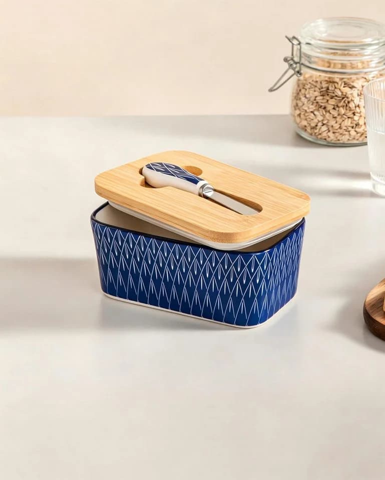 vancasso Butterdose Porzellan Blau/Weiß Rautenmuster mit Deckel & Messer - Bild 4