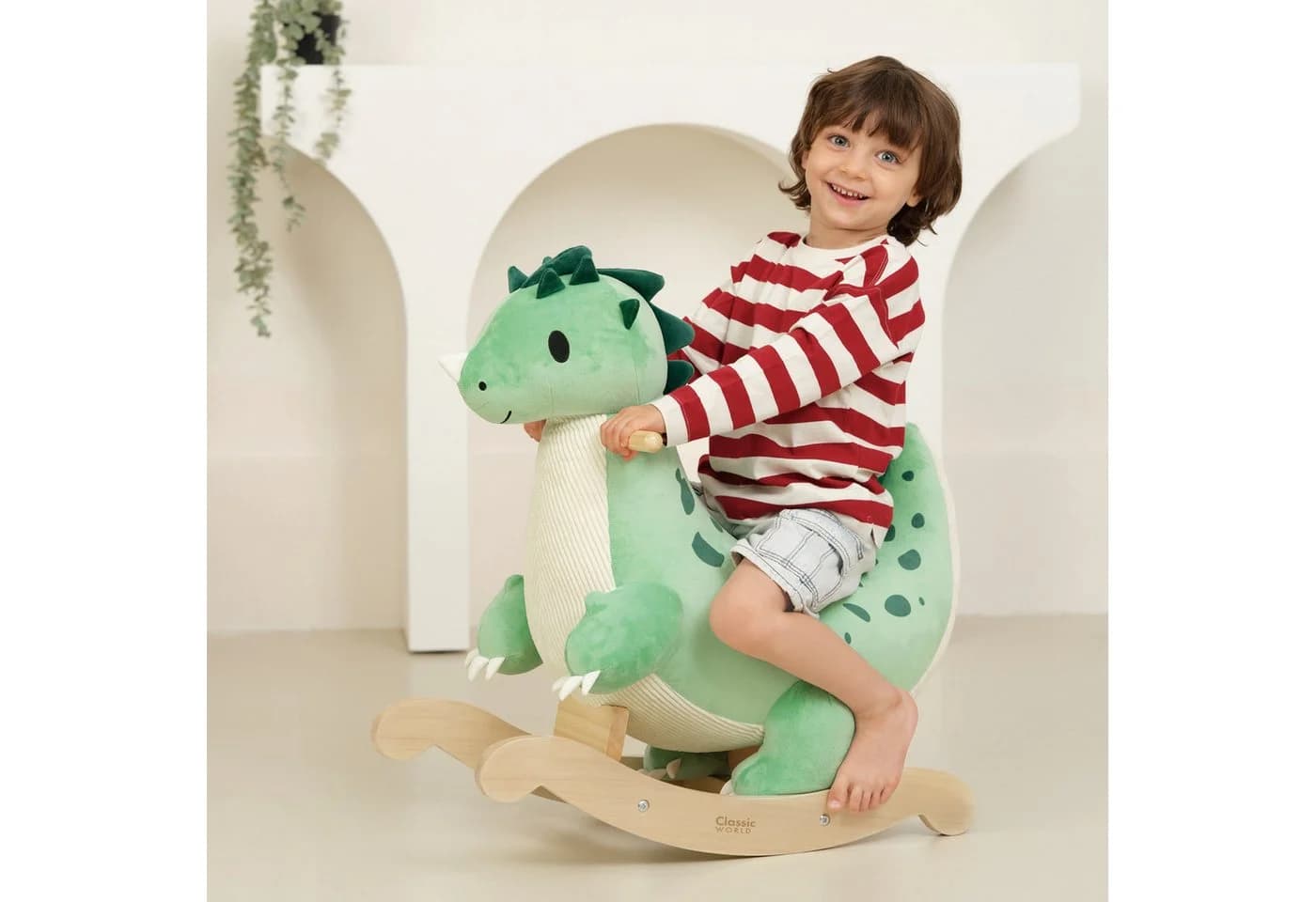 Classic World Schaukeltier Dino Grün Plüsch & Holz