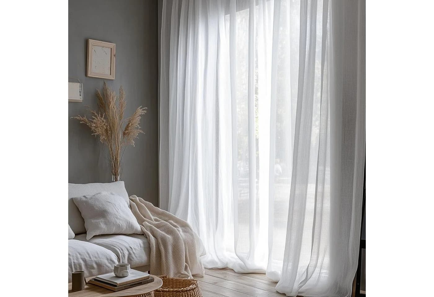 Deconovo Vorhang Voile Leinenoptik Gardinen mit Kräuselband Gardinenschal Weiß 2er Set