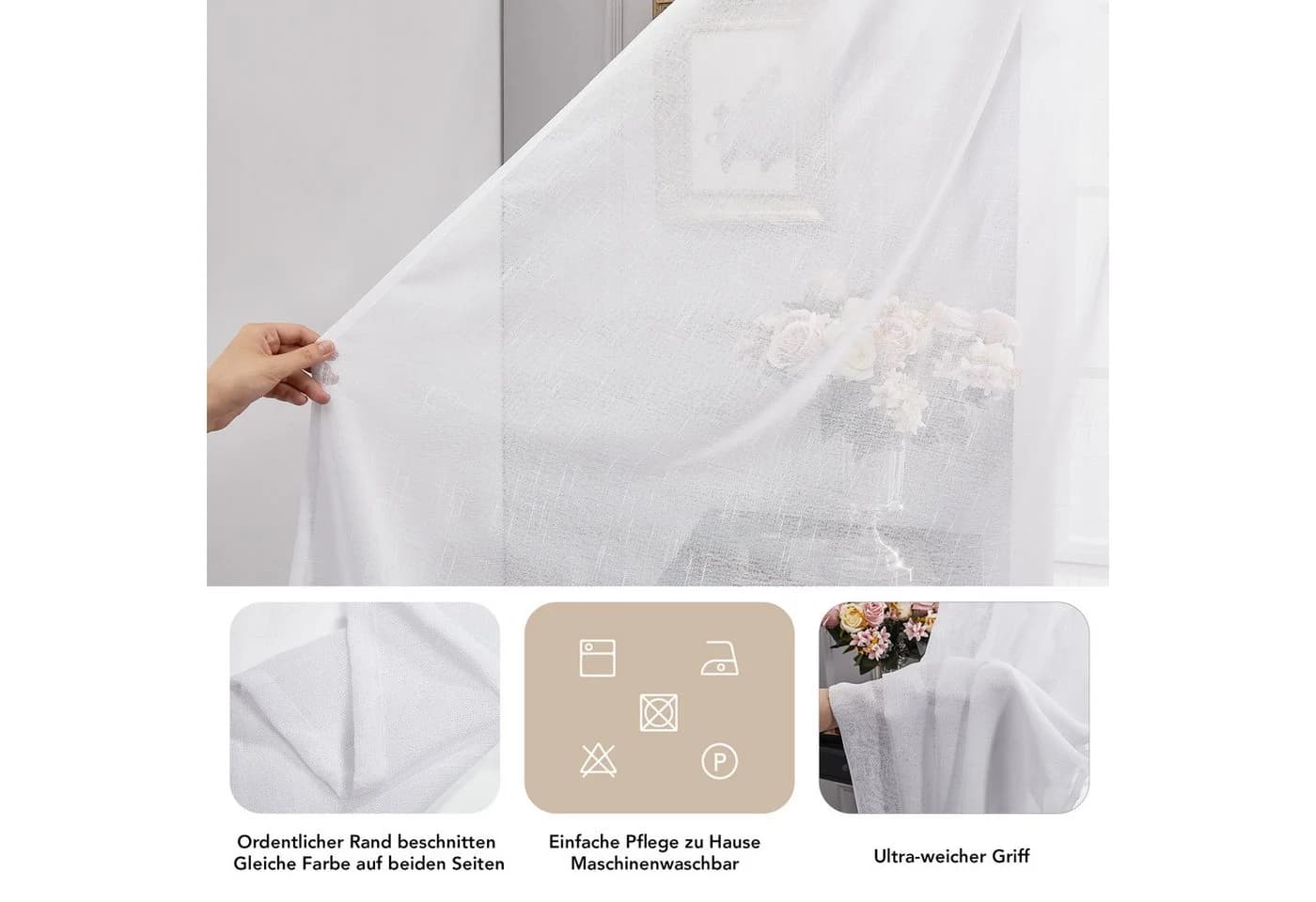 Deconovo Vorhang Voile Leinenoptik Gardinen mit Kräuselband Gardinenschal Weiß 2er Set - Bild 5