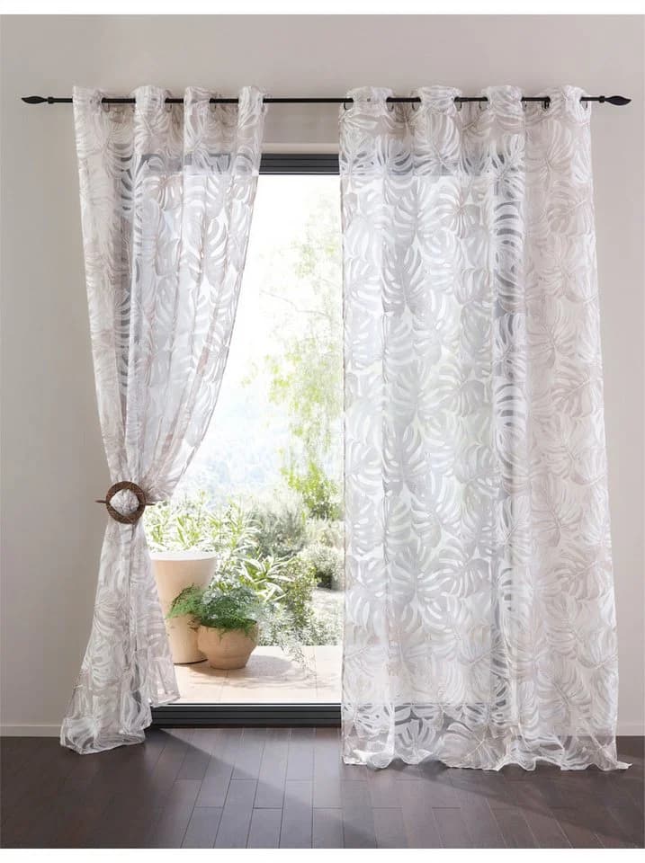 Gardine HEINE HOME Gr. 3 Weiß Beige Blätterdessin