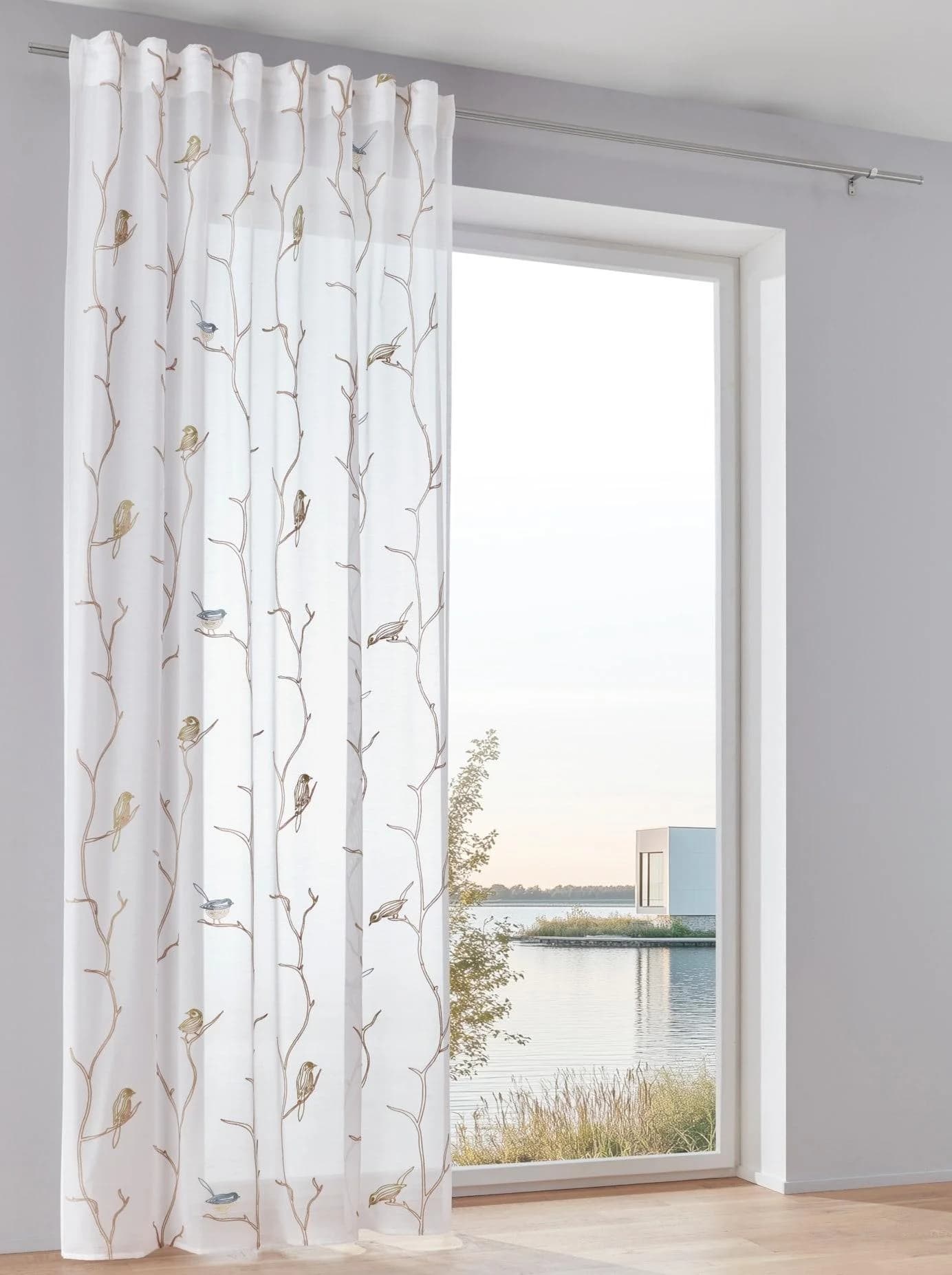 HEINE HOME Gardine Weiß-Bunt mit Vogel-Motiven Polyester