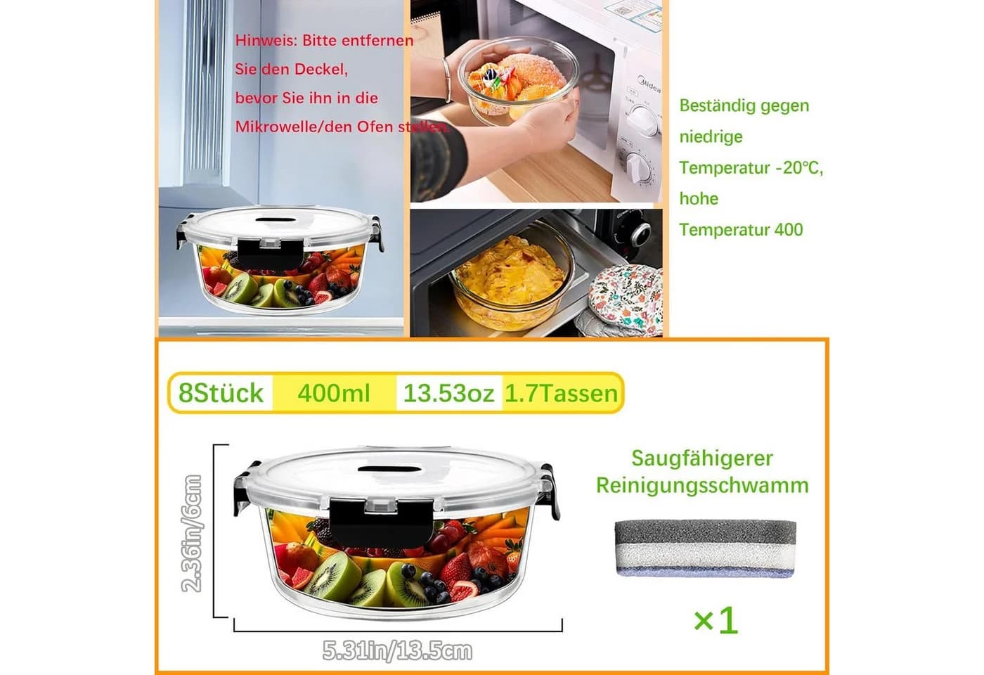 KingLux Frischhaltedose 8-tlg. 400ml Stapelbar Glas mit Deckel