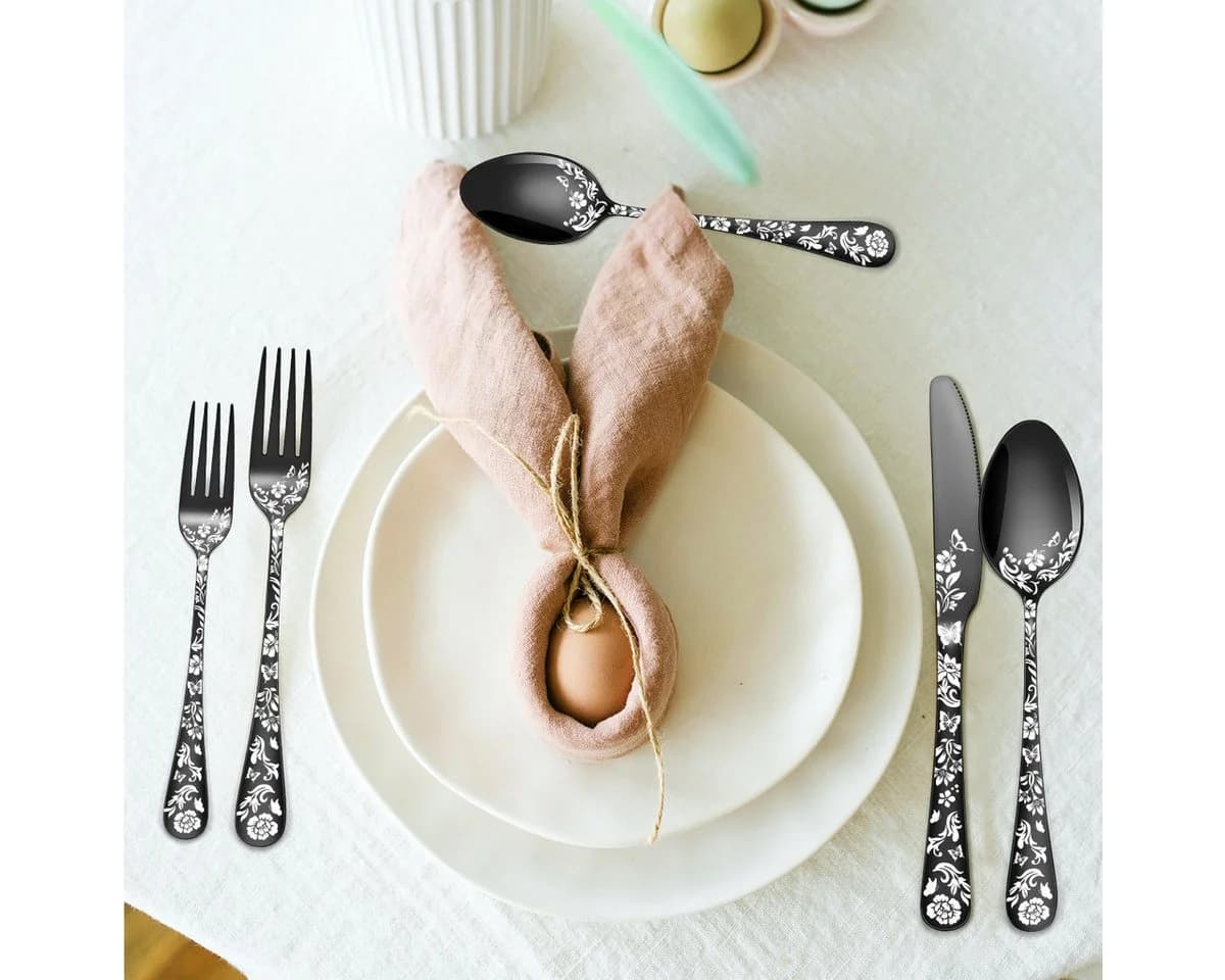 KingLux Besteck-Set 30-tlg. Schwarz mit Blumenmuster - Bild 5