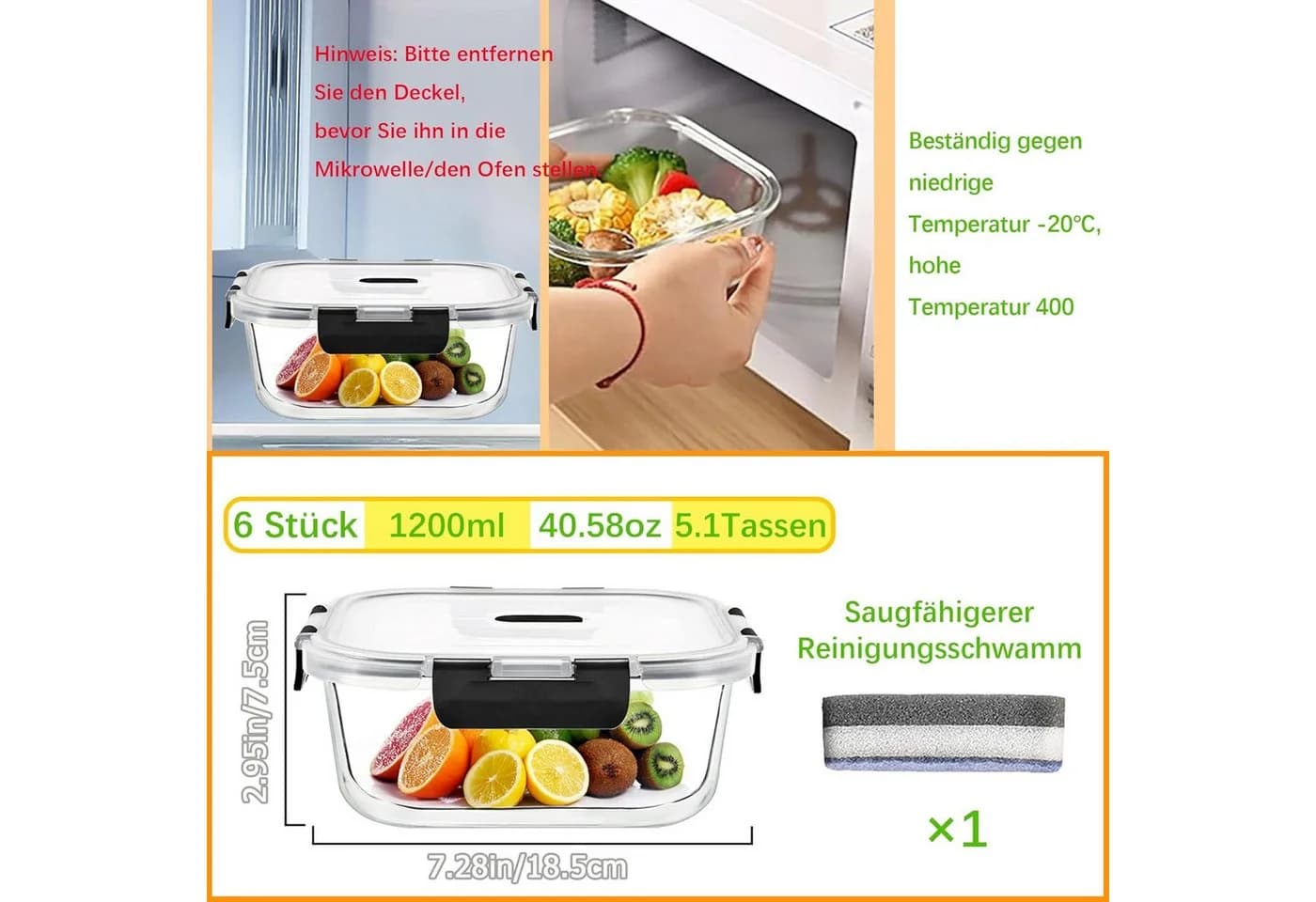 KingLux Frischhaltedose 6-tlg. Glas 1200ml mit Deckel