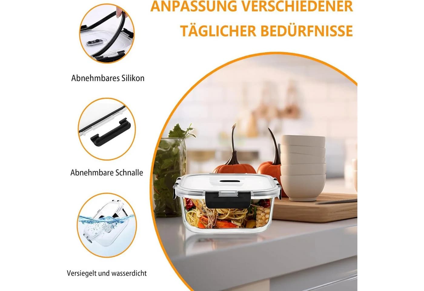 KingLux Frischhaltedose 6-tlg. Glas 1200ml mit Deckel - Bild 3