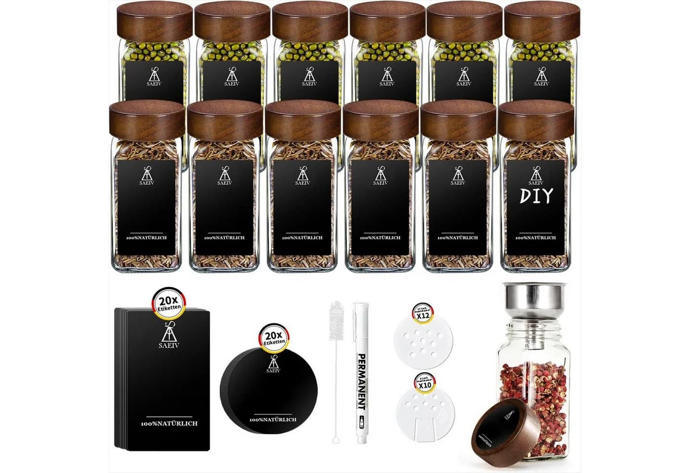 KingLux Gewürzbehälter 12Stk. 120ml Glas mit Akazienholzdeckel - Bild 2