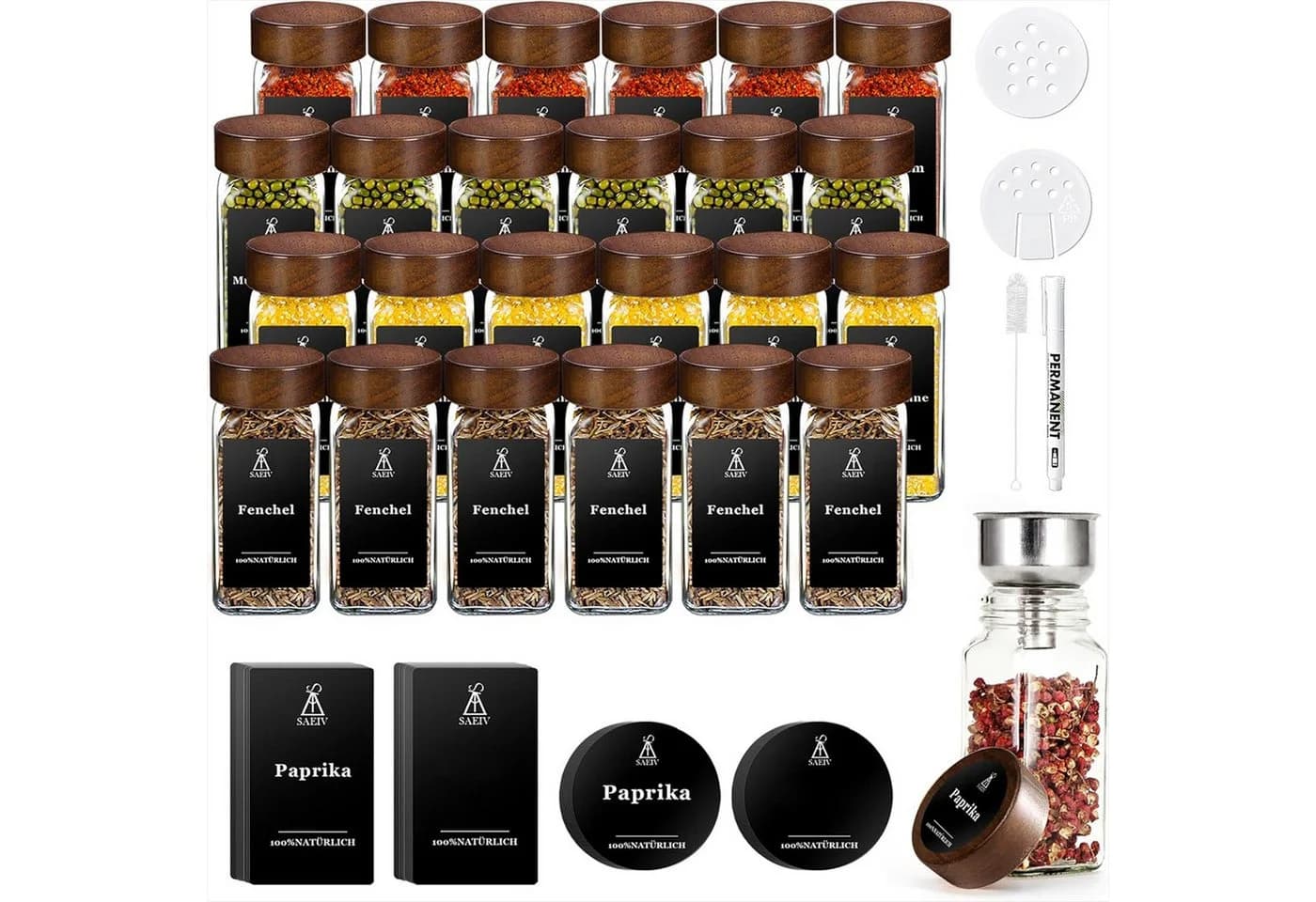 KingLux Gewürzbehälter 24Stk.120ml Gewürzdosen Eckig -Set aus Glas,Kappen aus Akazienholz - Bild 2