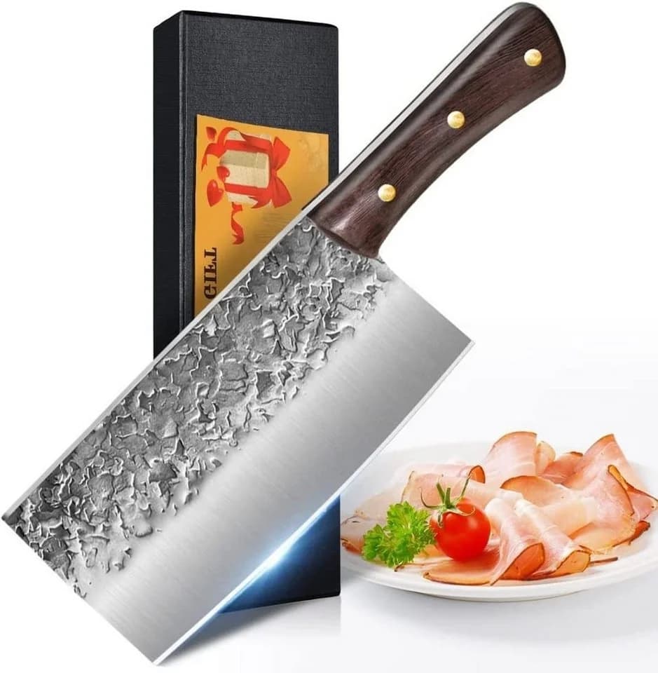 KingLux Hackmesser Chinesisches Küchenmesser aus Kohlenstoffstahl mit Holzgriff