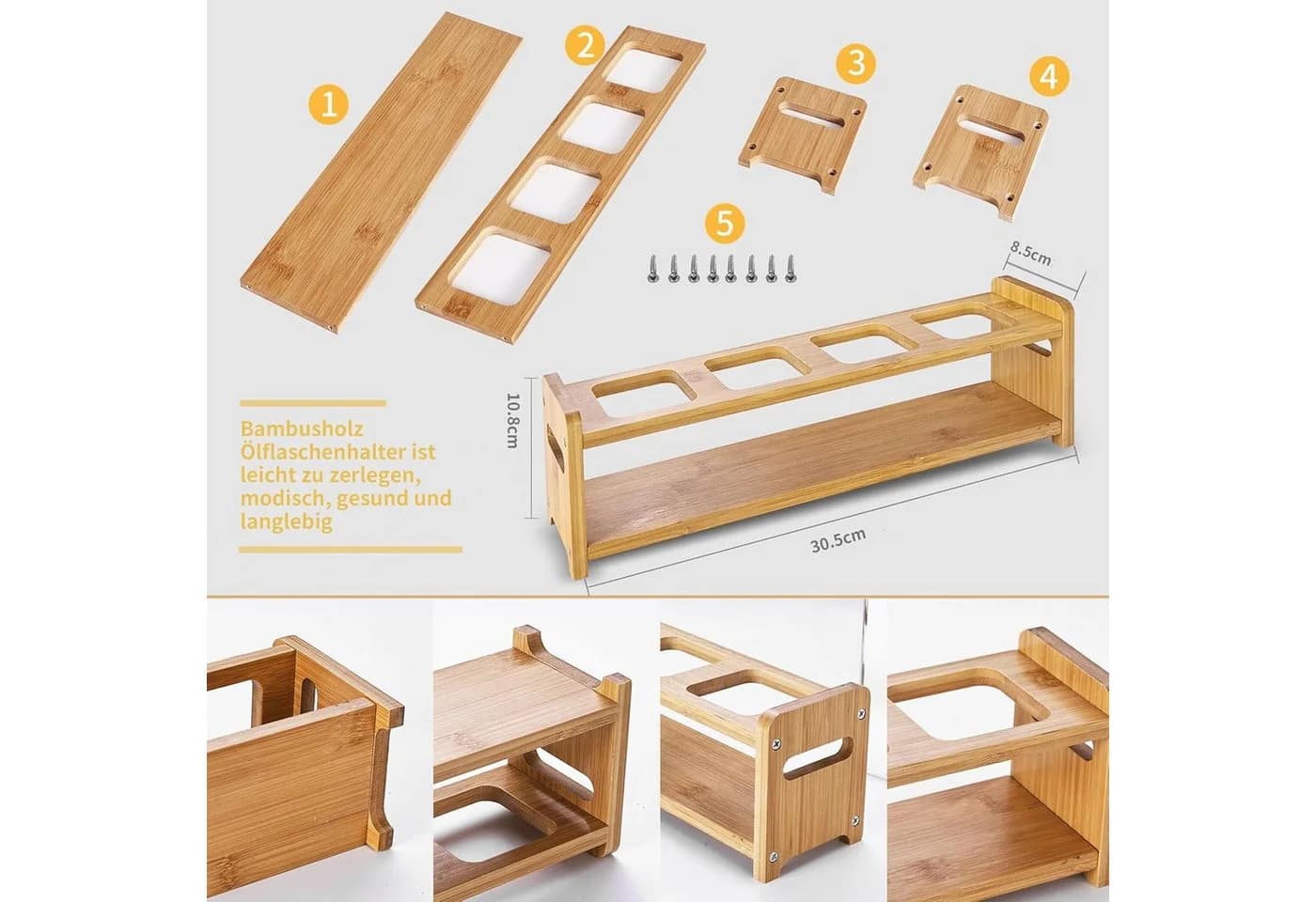 KingLux Ölspender Set 4x500ml mit Bambus-Regal & Zubehör - Bild 3