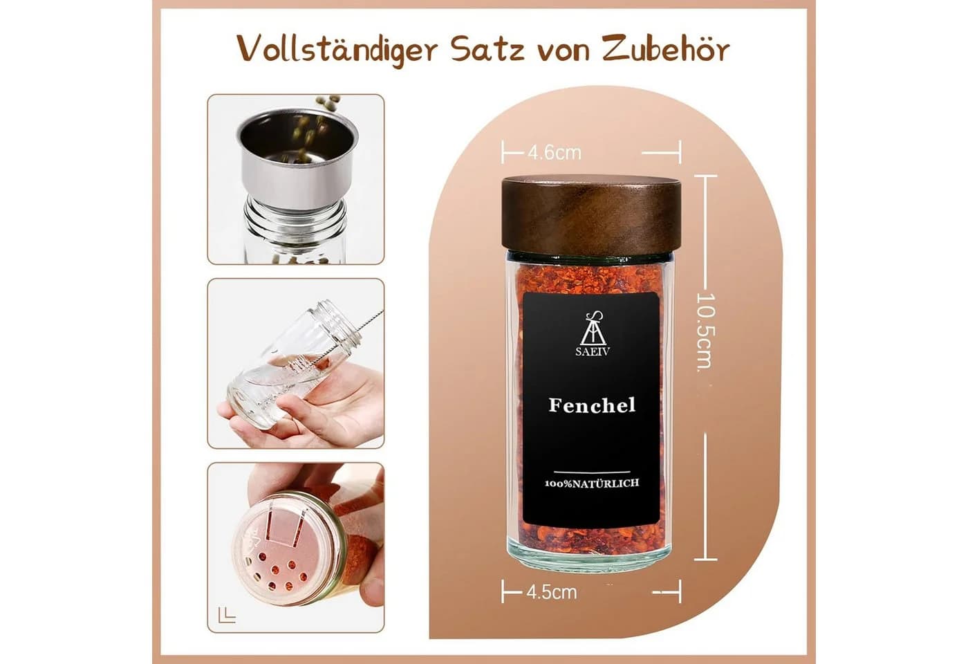 KingLux Gewürzbehälter 24Stk.120ml Glas Gewürzbehälter Rund mit Akazienholzabdeckung, Borosilikatglas+Holz