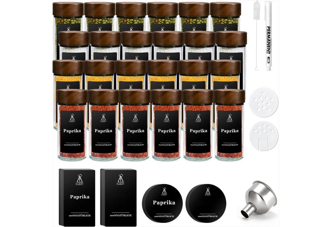 KingLux Gewürzbehälter 24Stk.120ml Glas Gewürzbehälter Rund mit Akazienholzabdeckung, Borosilikatglas+Holz - Bild 2