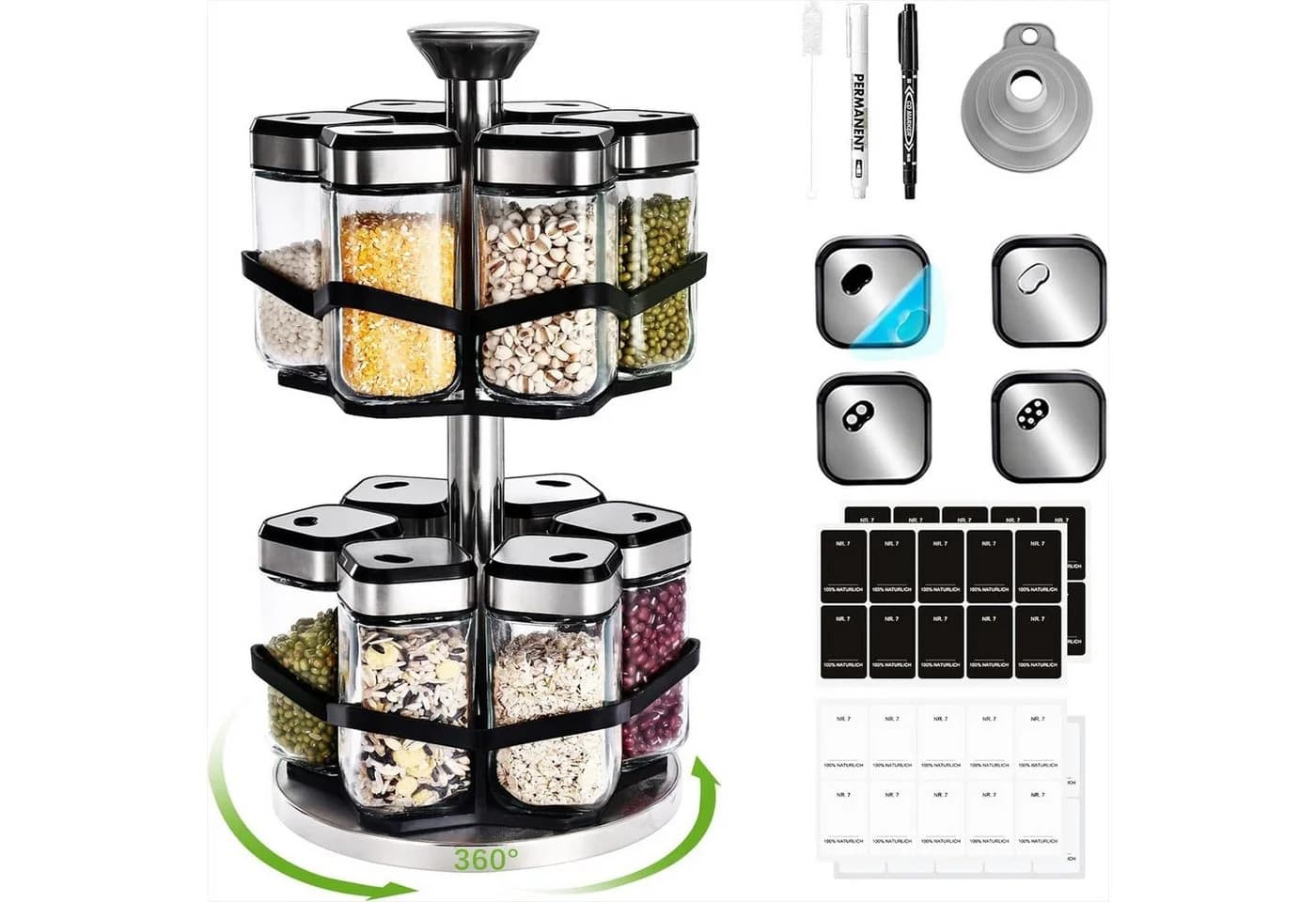 KingLux Gewürzkarussell 360° Drehbar mit 12 Gläsern & Edelstahlgriff - Bild 2