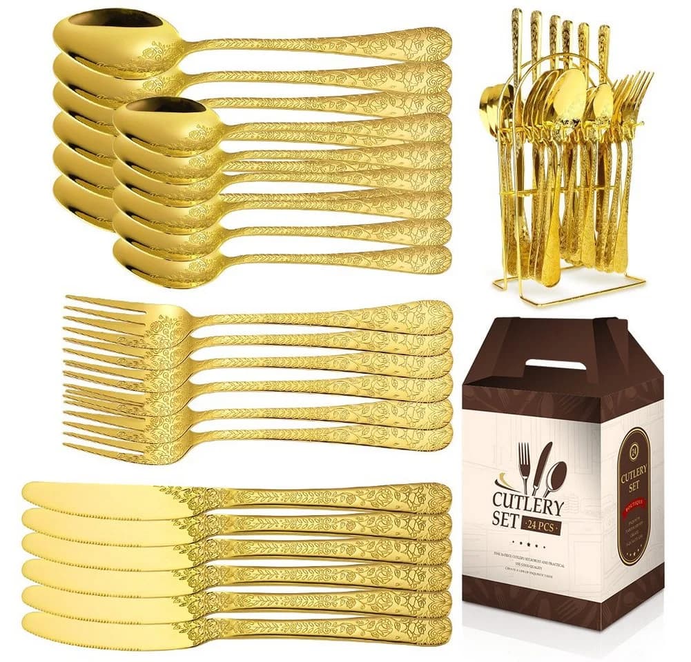 KingLux Besteck-Set 24-tlg. Gold 18/10 Edelstahl für 6 Personen
