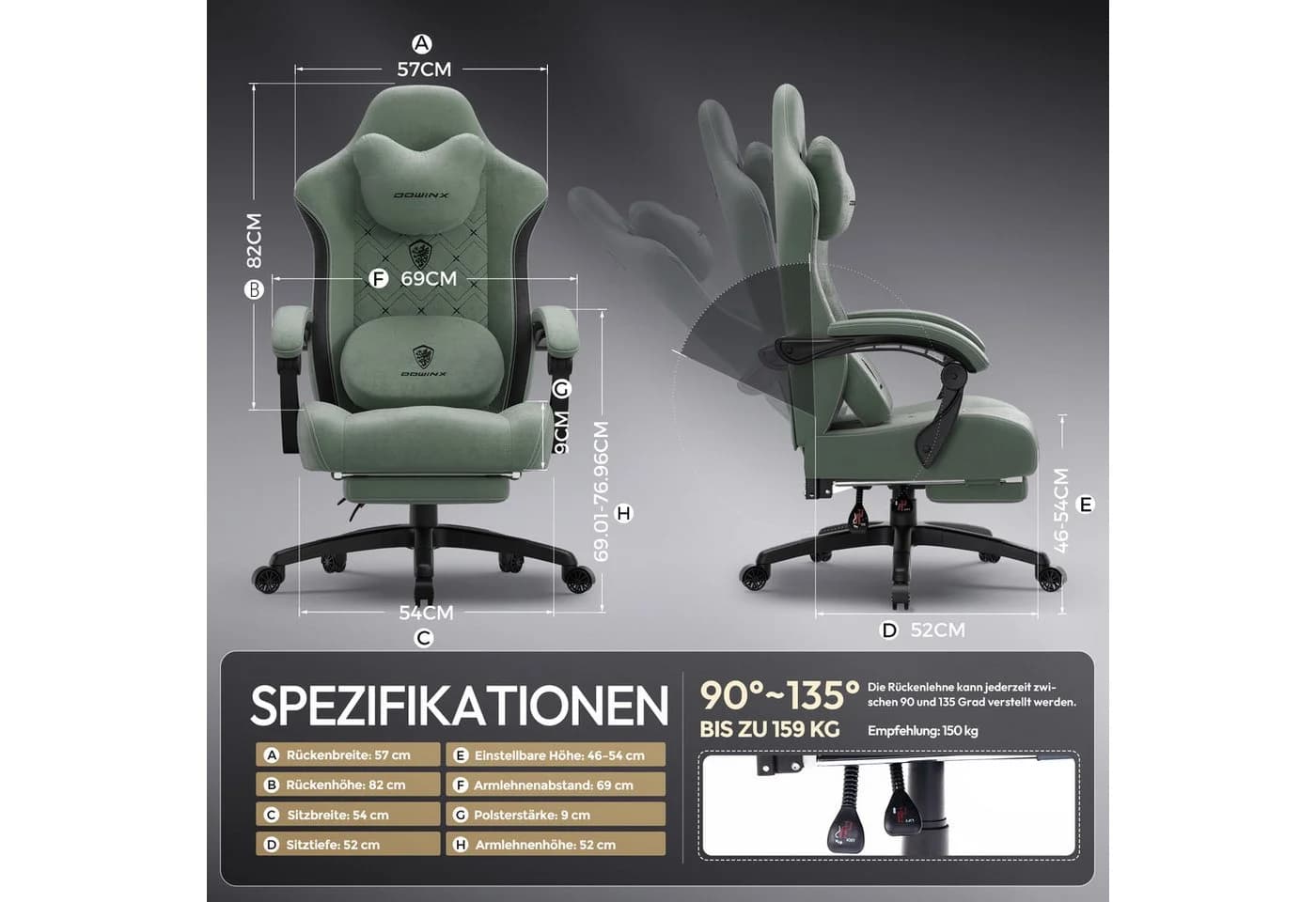 Dowinx Gaming-Stuhl mit Massage & Heizung Grün