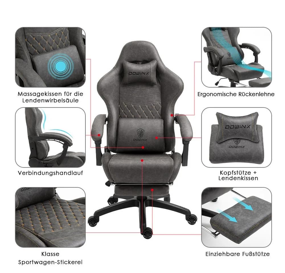 Dowinx Luxuriöser Gaming-Stuhl Ergonomisch PU Leder Massage-Lendenstütze - Bild 5