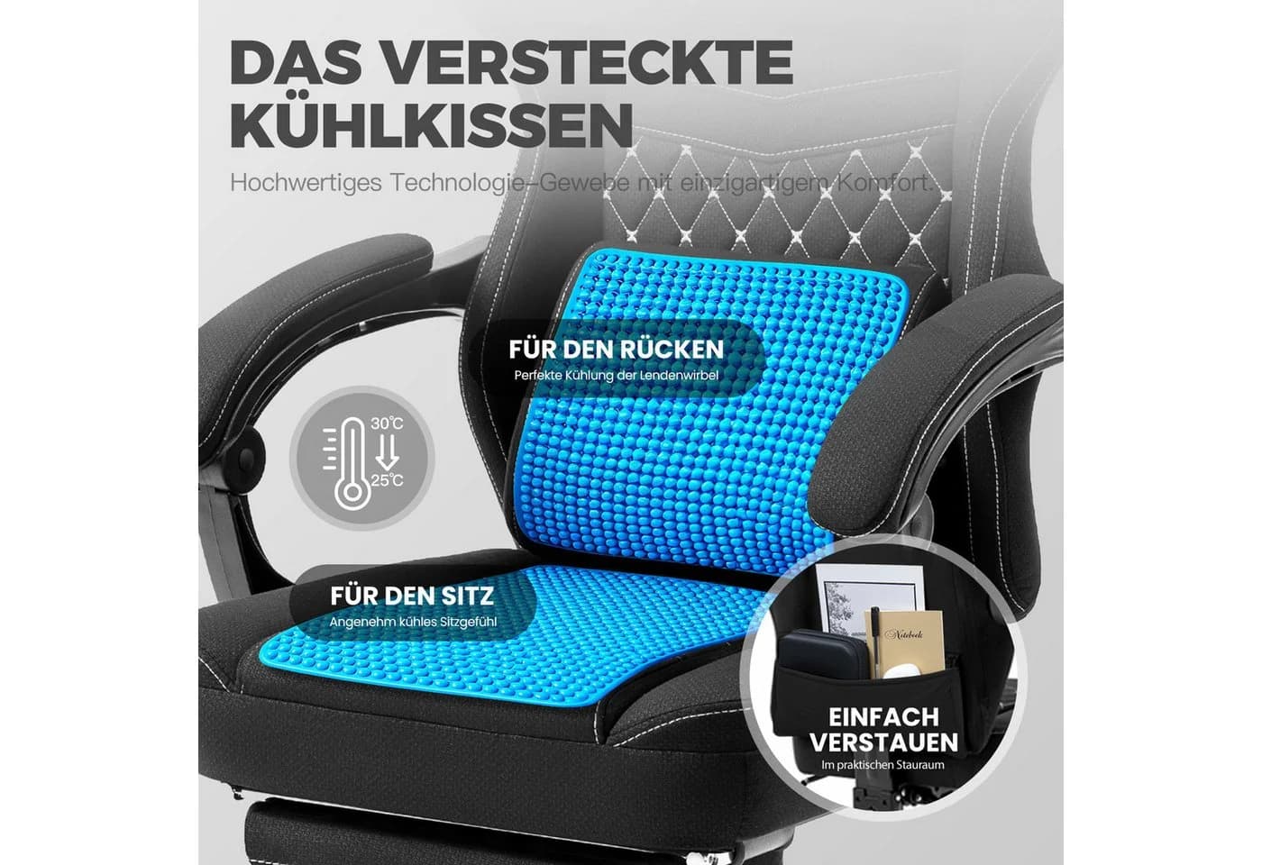 Dowinx Gaming-Stuhl Stoff Schwarz mit Fußstütze und Kühlfunktion - Bild 4