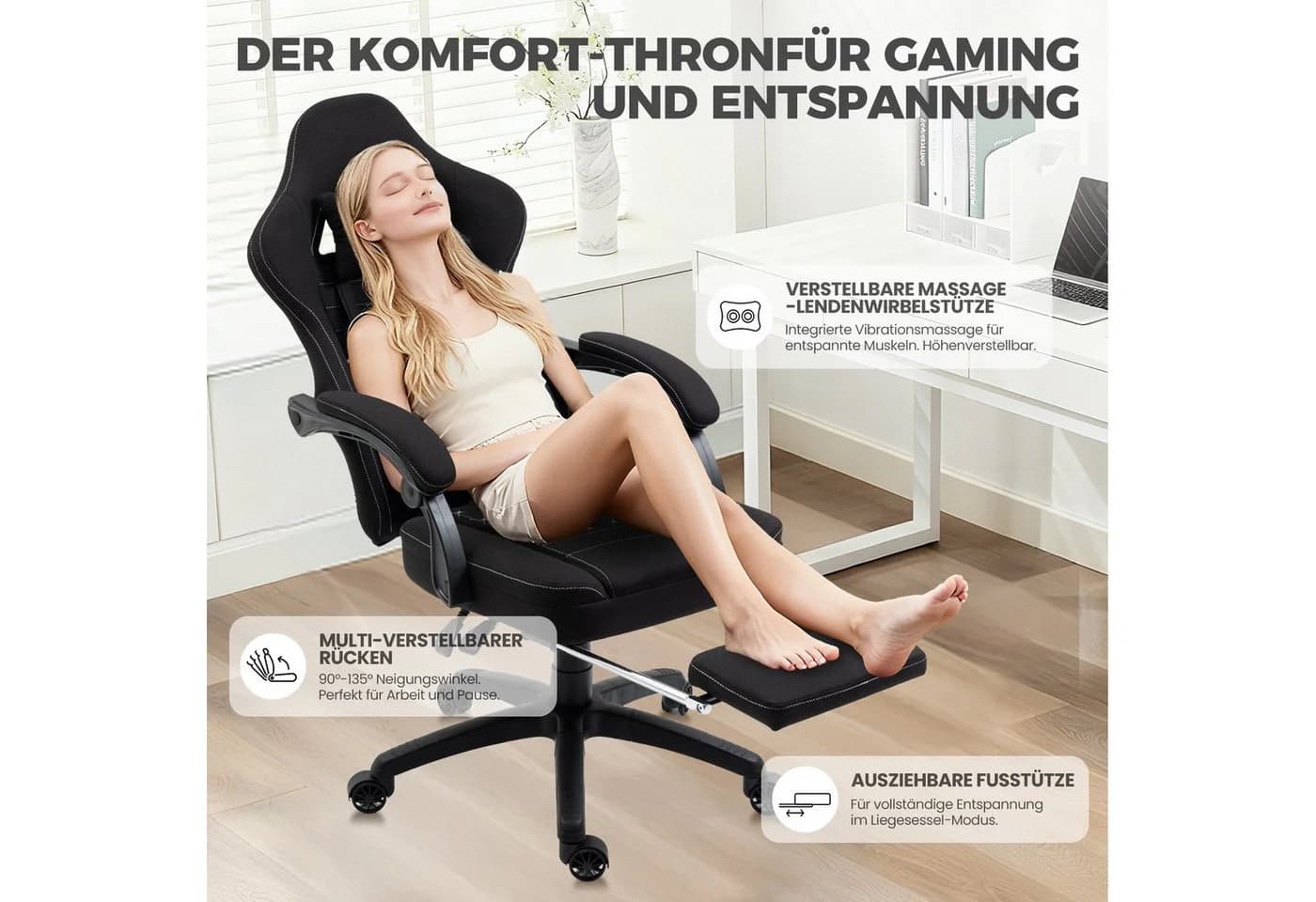 Dowinx Gaming-Stuhl Stoff Schwarz mit Fußstütze und Kühlfunktion - Bild 5