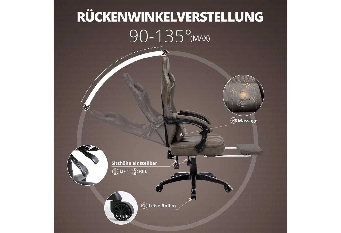 Dowinx Gaming-Stuhl mit Fußstütze und Massage Lendenwirbelstütze Braun - Bild 3