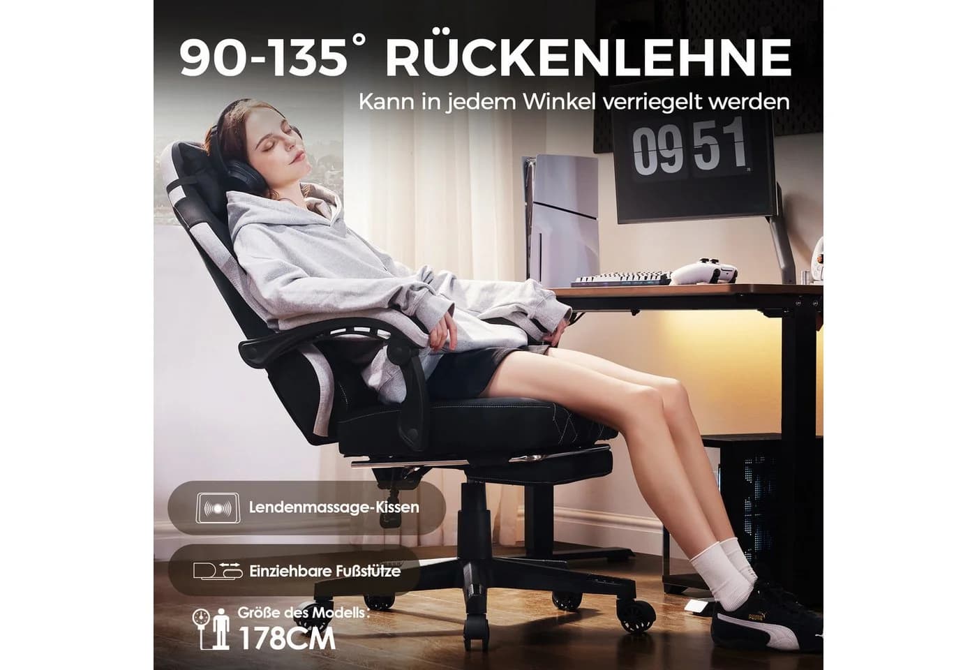 Dowinx Gaming-Stuhl Massage Lendenwirbelstütze Bürostuhl mit Fußstütze für Erwachsene - Bild 4