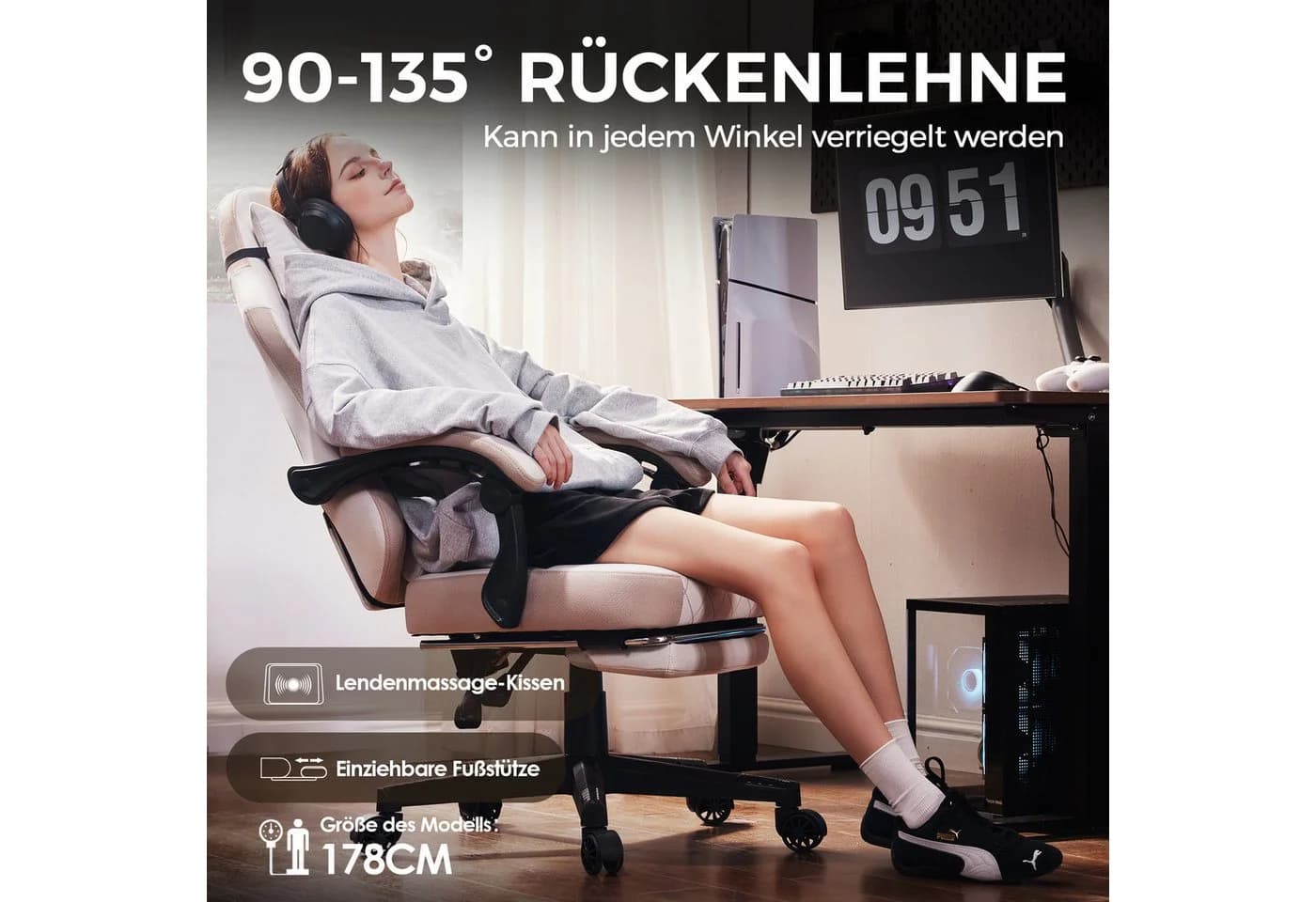 Dowinx Gaming-Stuhl Beige mit Massage und Fußstütze - Bild 4