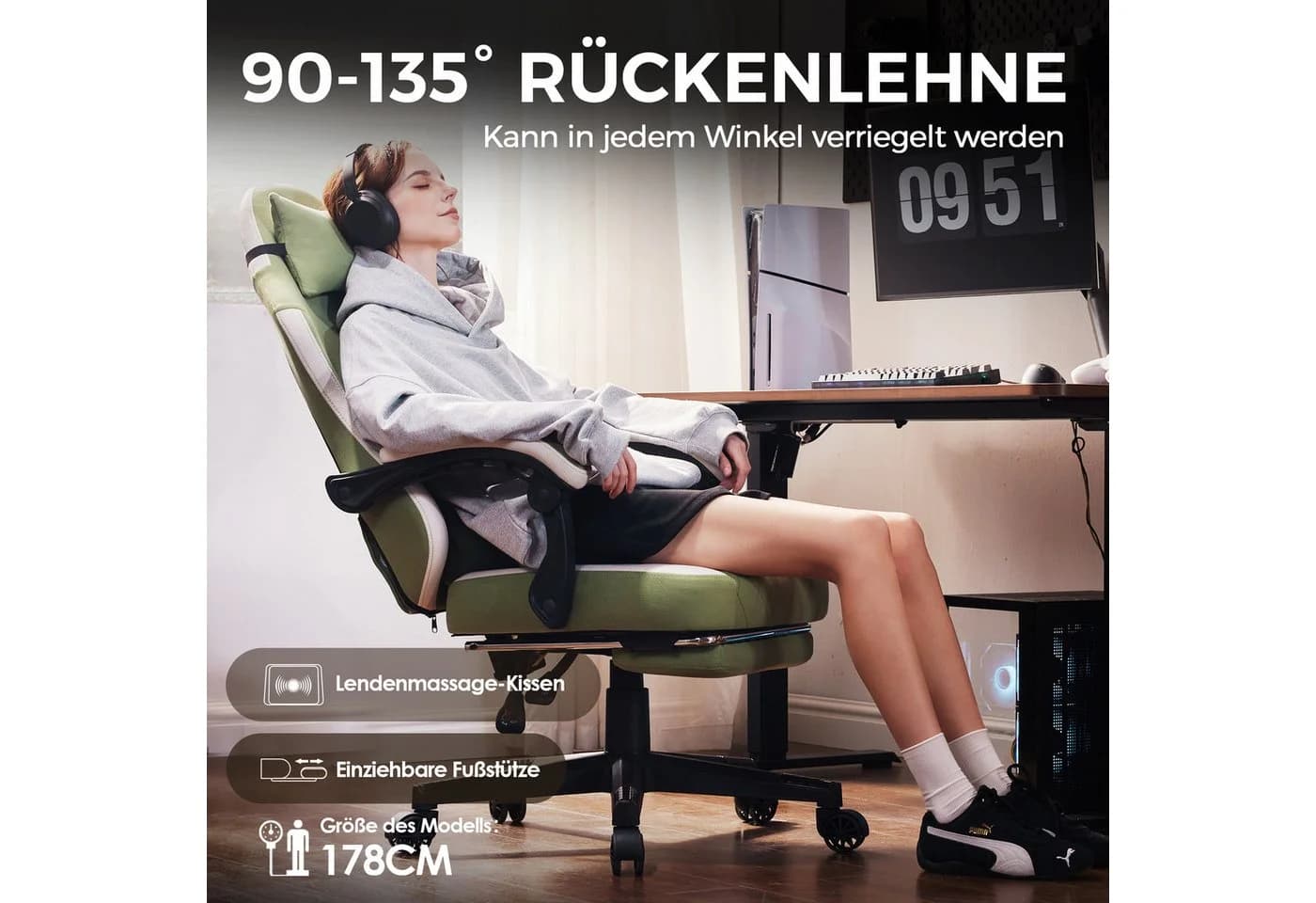 Dowinx Gaming-Stuhl Massage Lendenwirbelstütze Bürostuhl mit Fußstütze für Erwachsene - Bild 4