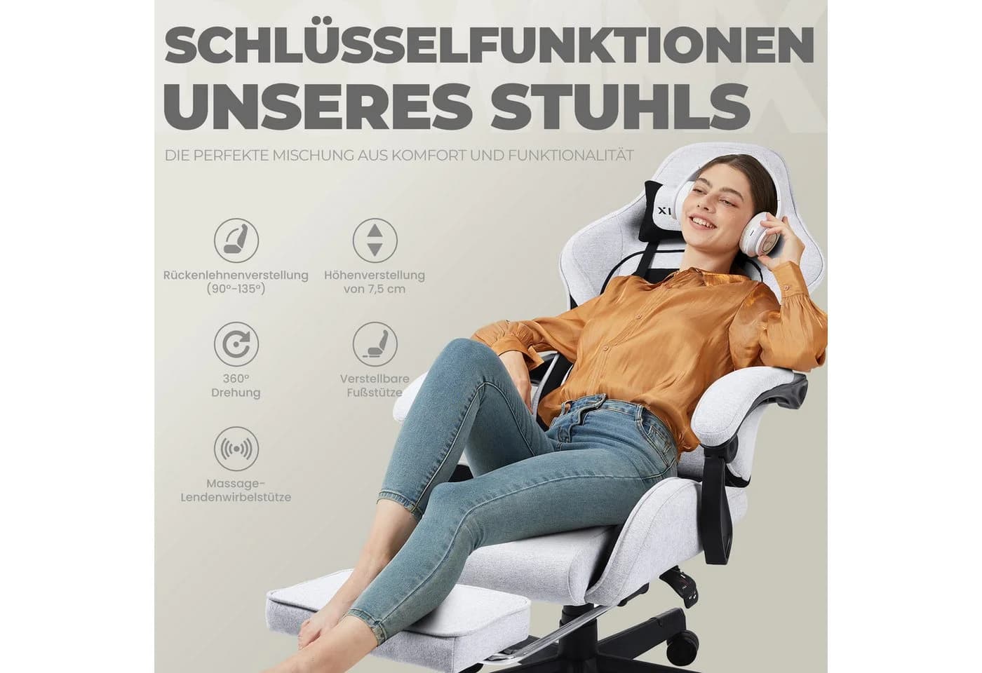 Dowinx Gaming-Stuhl Stoff mit Kopfstütze - Bild 5