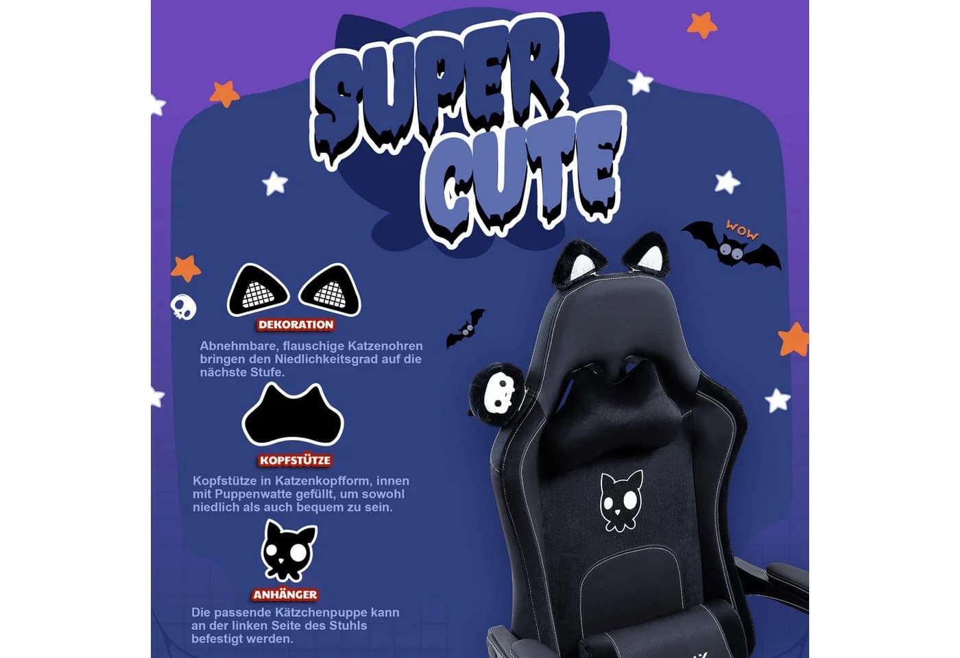 Dowinx Gaming-Stuhl Süße Katze Edition Rosa/Weiß Ergonomisch