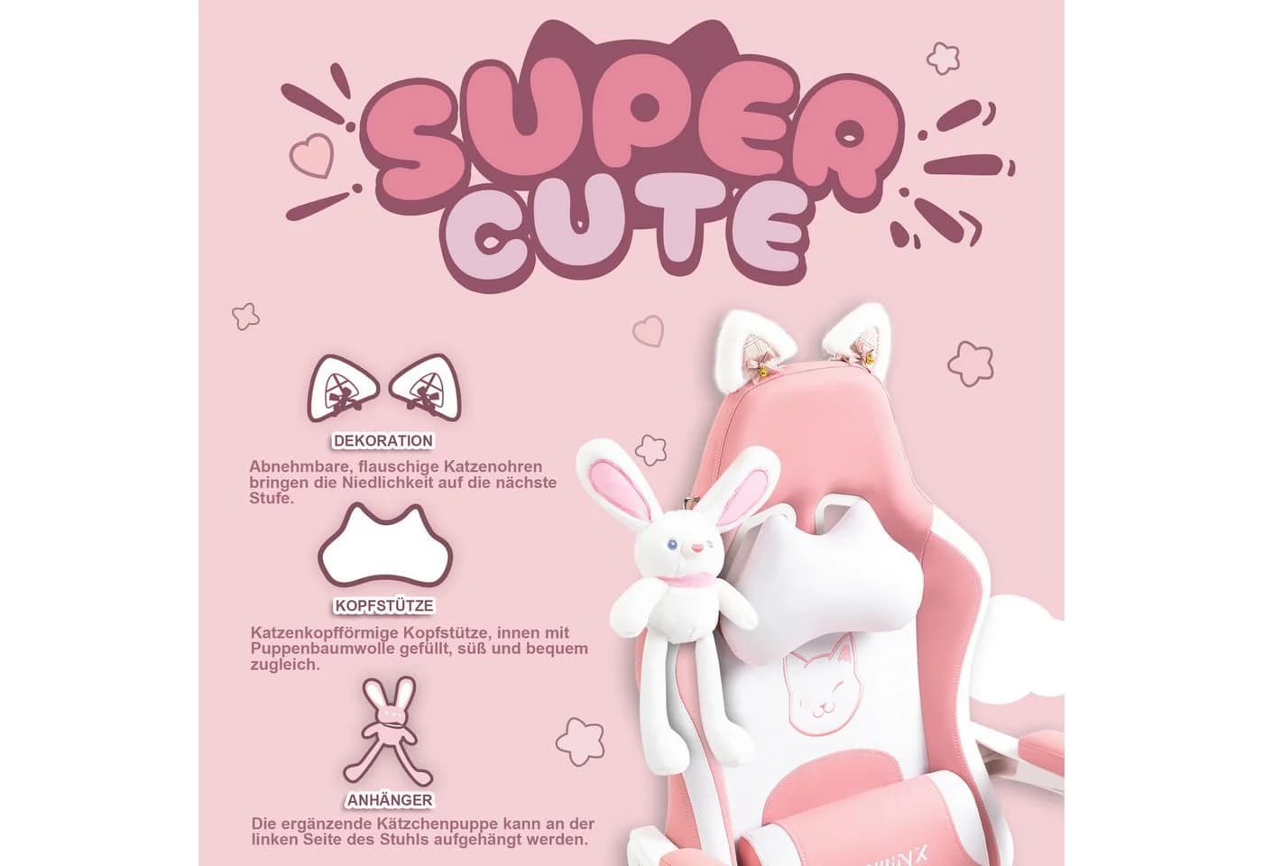 Dowinx Gaming-Stuhl Süße Katze Edition Rosa/Weiß Ergonomisch